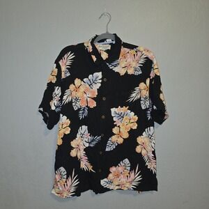Caribbean Silk Blend Black Hawaiian Camp Shirt Aloha Floral Tropical Resort Sz L
